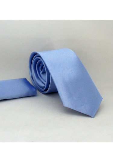 Açık Mavi Slim Fit Düz Renk Mendilli Saten Kravat - SS-27 Mavi