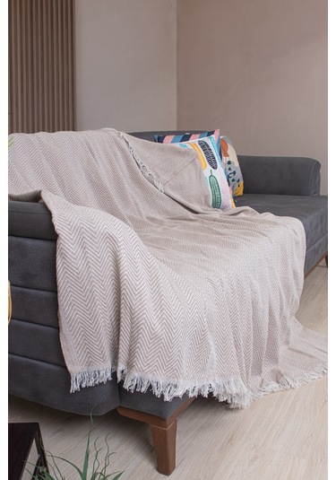 Pamuklu Zikzak Desenli Püsküllü Koltuk Örtüsü 170x210 Cm Dekoratif Ve Çok Amaçlı Bej