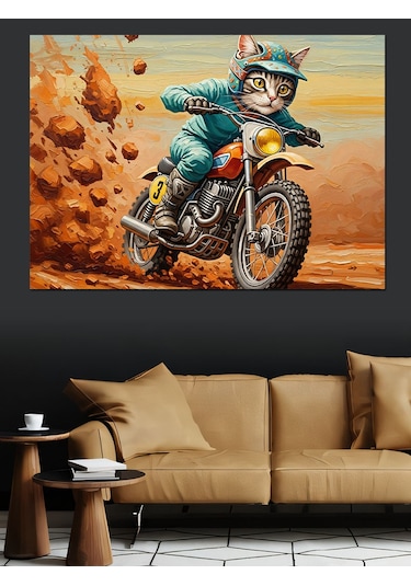 Ahşap Tablo Motosiklet Süren Kasklı Komik Kedi