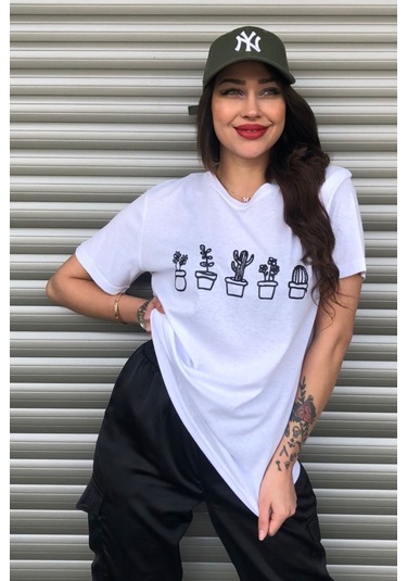 Modagen Kaktüs Baskılı Beyaz Kadın Oversize T-shirt K Beyaz