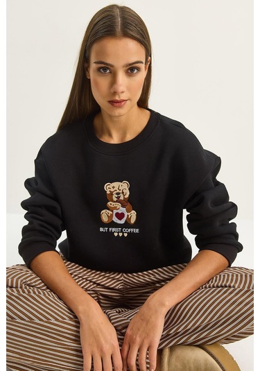 Shade Kadın Teddy Nakış Detaylı Üç İplik Şardonlu Sweatshirt 60601044 - Siyah