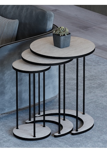 Alpa Ev Mobilya Ay 3 Lü Yuvarlak Zigon Sehpa Seti, Modern Metal Ayaklı C Model Şık Yan Sehpa Traverten