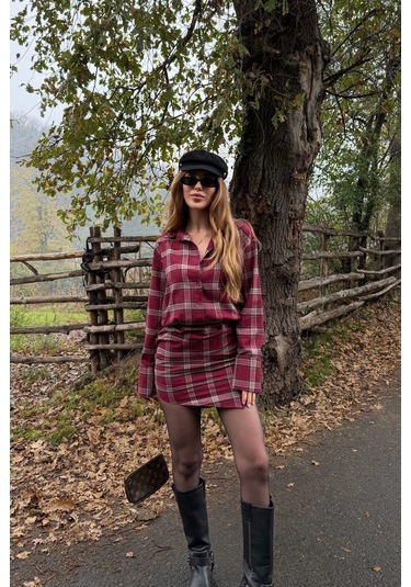 Kırmızı Ekose Gömlek Elbise - 4989 Kırmızı