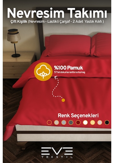 Eve Tekstil %100 Pamuk Ranforce Çarşaflı Yastık Ve Yorgan Kılıflı Çift Kişilik Nevresim Takımı 200x220 Cm Kırmızı