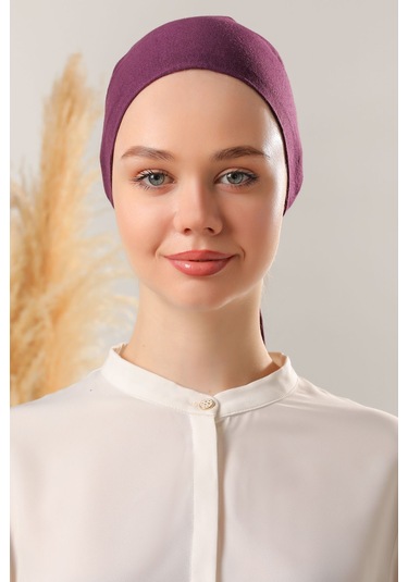 Kadın Tesettür Dikişli Set Bone Mor 3 Adet Bağlamalı Penye Bone Mor