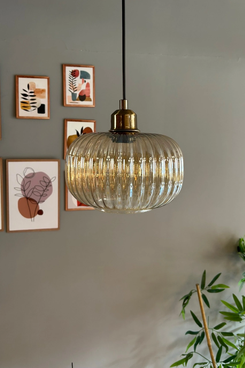 Mola Cam Bal Rengi Tekli Avize Yarım Lale Başlık Retro Sarkıt Lamba Restoran Salon Aydınlatma Bal