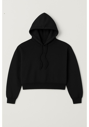 Üç İplik Kapüşonlu Crop Sweat Siyah
