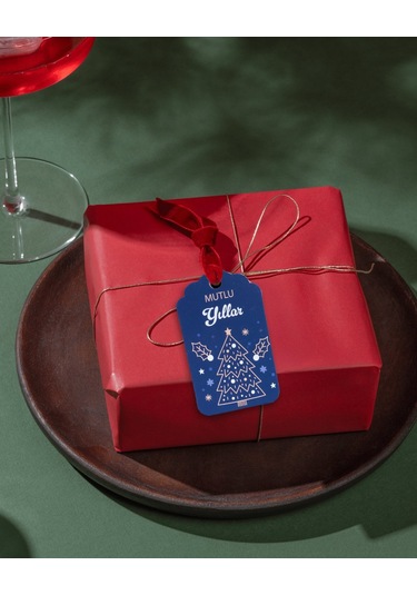 Yılbaşı Mutlu Yıllar Yazılı Hediye Etiketi, Çam Desenli Paketleme