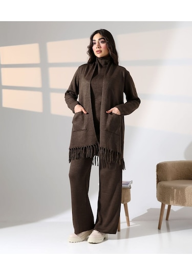 Bohem Şıklık Püskül Detaylı Üçlü Triko Takım Kahverengi