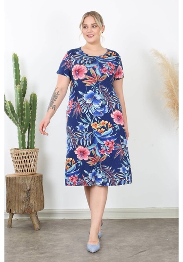Kadın Lacivert Pembe Tropikal Desen Midi Elbise Lacivert