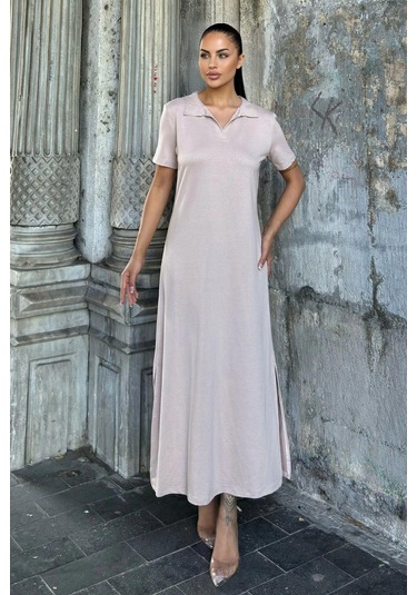 Vizon Polo Yaka, Kısa Kol, Yırtmaçlı, Basic Model, Uzun Salaş Elbise Vizon