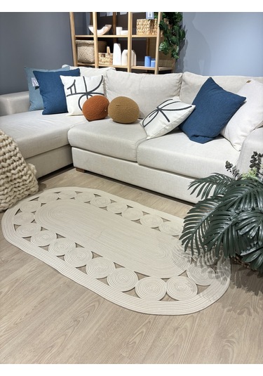 Krem Jüt Hasırlı El Örgüsü Kilim Beyaz