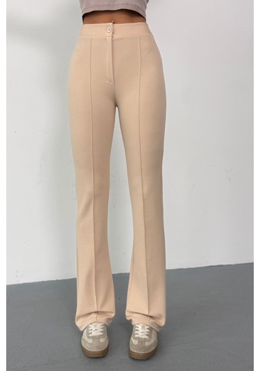 Krep Kumaş Likralı Önü Çimalı Kahverengi Kadın Palazzo Pantolon Bej