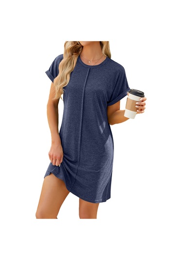 Sones Kadın Organik Pamuk Kısa Kollu Midi Elbise Rahat Bol Kesim Saf Renk İlkbahar Yaz Elbisesi Lacivert