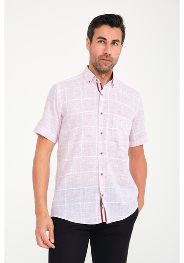 Erkek Klasik Kısa Kol Büyük Kare Flam Keten Düğmeli Yaka Hediye K Beyaz