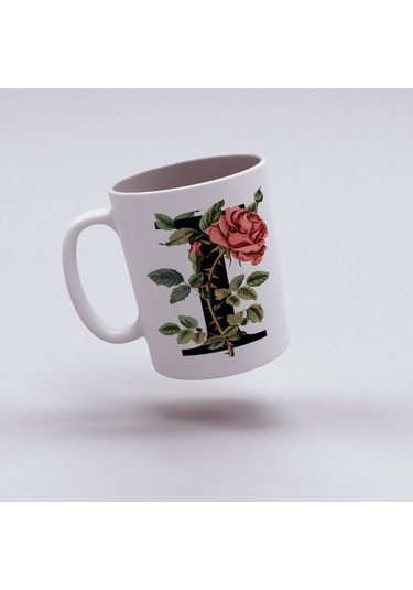 I Baş Harf Kırmızı Güller İle Sarılı Bardak 330 Ml Kişiye Özel Çiçekli Hediye Beyaz