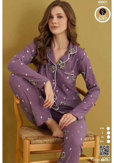 Çağrı Kadın Kışlık Süet Uzun Kollu Önü Düğmeli Yumuşak Dokulu Pijama Takımı Mor