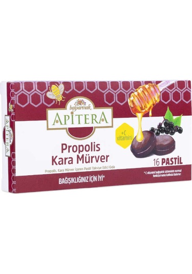 Apitera Doğal Bal, Kara Mürver, Zerdeçal, C Vitamini Ve Propolis İçeren Takviye Edici 96 Lı Boğaz Pastili