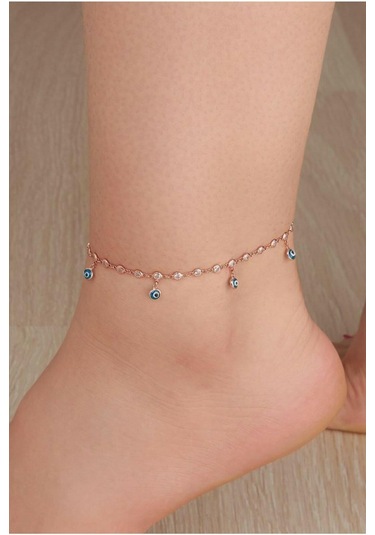 Gümüş Rose Renk Nazar Boncuklu Halhal Gümüş