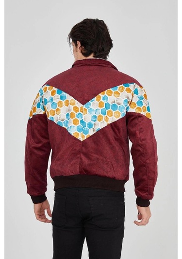 Erkek İçi Astarlı İçten Yaka Kısmı Peluşlu Beyaz Şeritli Vintage Ceket - Mürdüm Siyah