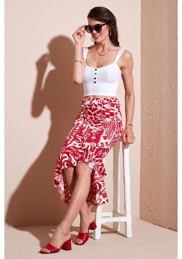 Lela Regular Fit Desenli Yüksek Bel Volanlı Midi Boy Yırtmaçlı Bayan Etek 5869013 Bordo