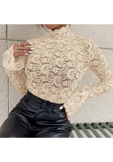 Kadın Üst Giyim Dik Yaka Alevli Uzun Kollu Dar Kesim Gömlek Düz Renk Şeffaf Oyuk Nakış Dantel Çiçek Desenli Üstler Beyaz