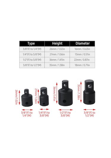 Geeksen 4 Parça Çelik Soket Adaptör Seti - 1/4", 3/8", 1/2" Çap Değiştirici, Otomotiv Tamiri Ve Ev Bakımı İçin Siyah
