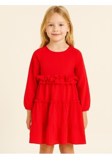 Kız Çocuk Pamuklu Mevsimlik Astarlı Fırfırlı Bol Elbise-14441 Kırmızı