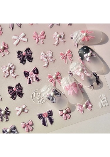 Flybuy 1 Adet 5d Pembe Yay Tırnak Etiketi Zarif Japon Şeritler Ms733sz