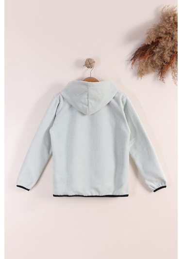 Monox Lastik Manşetli Fermuarlı Kapüşonlu Çocuk Unisex Polar Ceket Su Yeşili