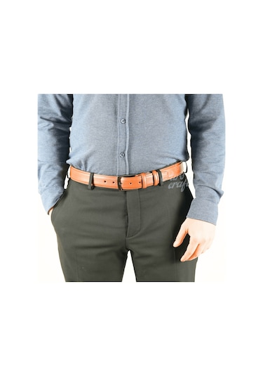 Hakiki Deri Erkek Kemer 3,5cm Dikişli Taba Klasik Kumaş Pantolon Taba