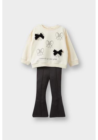 Defacto Kız Bebek 2li Takım Baskılı Sweatshirt İspanyol Paça Tayt F4857a525auer134 Ekru