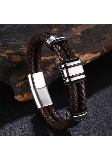 Lüks El Yapımı Deri Örgü Erkek Bileklik Paslanmaz Çelik Toka İş Adamı Bileklikleri Arkadaş Ortak Aşıklar İçin Hediye Kahverengi