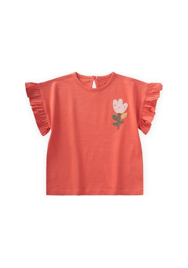 Cigit Lale Aplikeli Kız T-shırt 1-7 Yaş Mercan Mercan