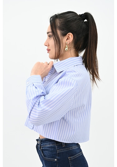 Koza Butik Kadın Çizgili Mavi Crop Gömlek 1738-24 001
