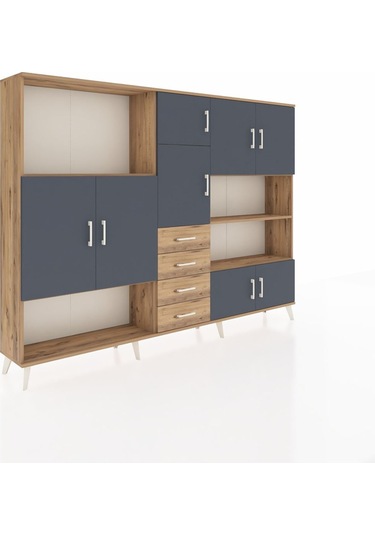 Arges Dolap 9 Raflı 4 Çekmeceli 8 Kapaklı 220x30x163 Çam-antrasit Çam-antrasit/çam