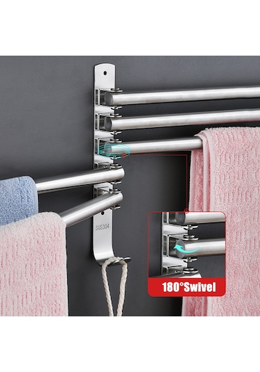 Ruicoo 5 Kollu Paslanmaz Çelik Döner Havlu Askısı - 180 Dönebilir, Duvar Montajlı, Banyo Ve Mutfak İçin Gümüş
