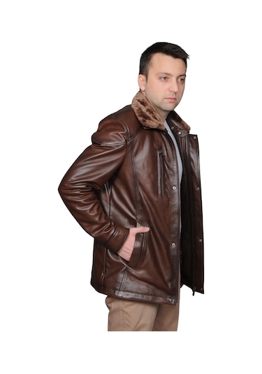 Derije Owen Hakiki Deri Erkek Kürklü Kestane Karartma Ceket-Mont-Kaban