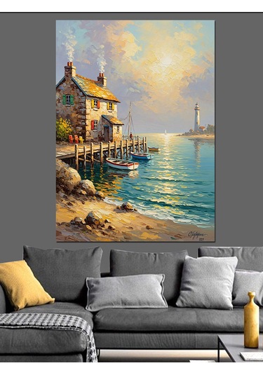 Ahşap Tablo Limanda Küçük Balıkçı Evi Yiyecek Ve İçecek Tabloları