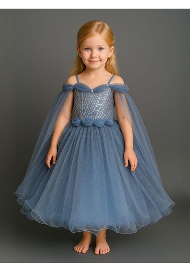 Kız Çocuk Omuzları Tül Detaylı Tarlatanlı Prenses Kostümü-16064 İndigo