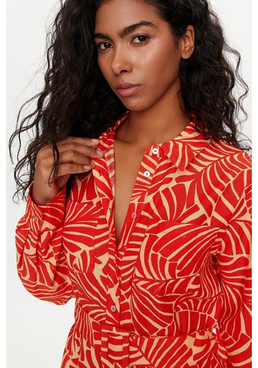 Only Kadın Onlcallıe Desenli Beli Kemerli Uzun Keten Elbise 15318799 Turuncu