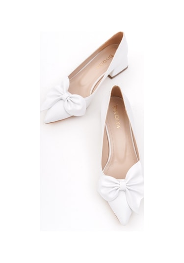 Camila Beyaz Fiyonklu 4cm Sivri Burun Topuklu Ayakkabı Beyaz