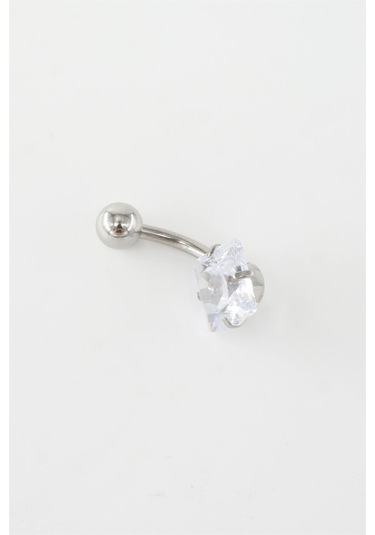 Kadın 316l Anti Alerjenik Topcuklu Baget Zirkon Taşlı Göbek Piercing - Gümüş