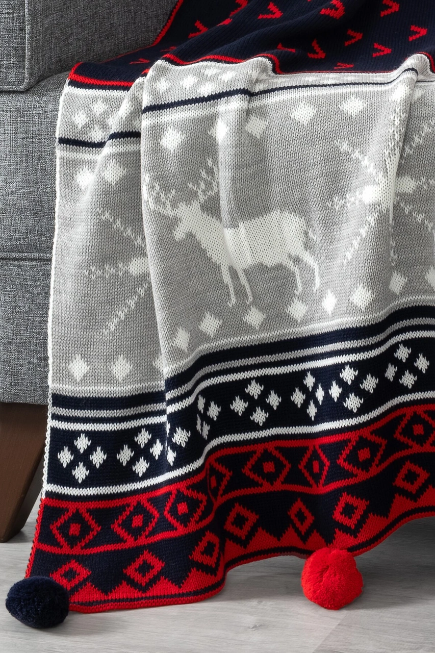 Geyikli Ponponlu Triko Örme Tv Battaniyesi Yılbaşı Hediyesi-130x170 Cm-lacivert Lacıvert Lacivert