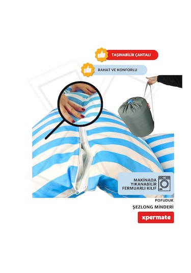 Xpermate Pofuduk Şezlong Minderi 60x180x12cm Su İtici, Maviçizgil