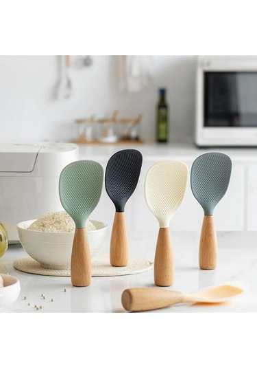 Fosenze Yemek Grubu Silikon + Ahşap Pişirme Kaşığı, Isı Dayanıklı, Dikey Konumlanabilir, Gri Renk, 1 Adet Pirinç Ve Yemek Servisi İçin