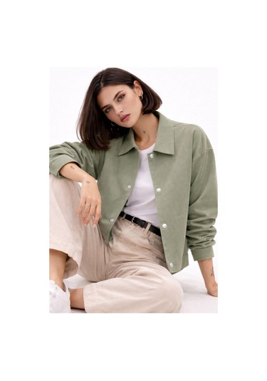 Kadın Oversize Basic Gabardin Mevsimlik Polo Yaka Ceket-385 Çağla Yeşili