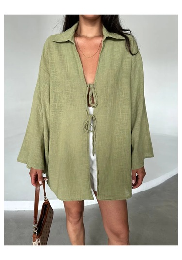 Haki %100 Keten Bağcık Detaylı Kimono Bluz - 5218 Haki