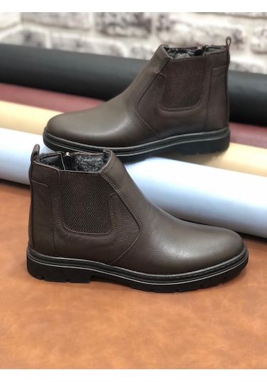 Hakiki Deri Ortopedik Büyük Numara 45-46-47 Kürklü Kışlık Erkek Bot Kahve