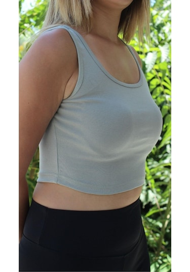 Afri Kadın Gri Basic Ribana Atlet Crop Likralı Spor Üst Gri